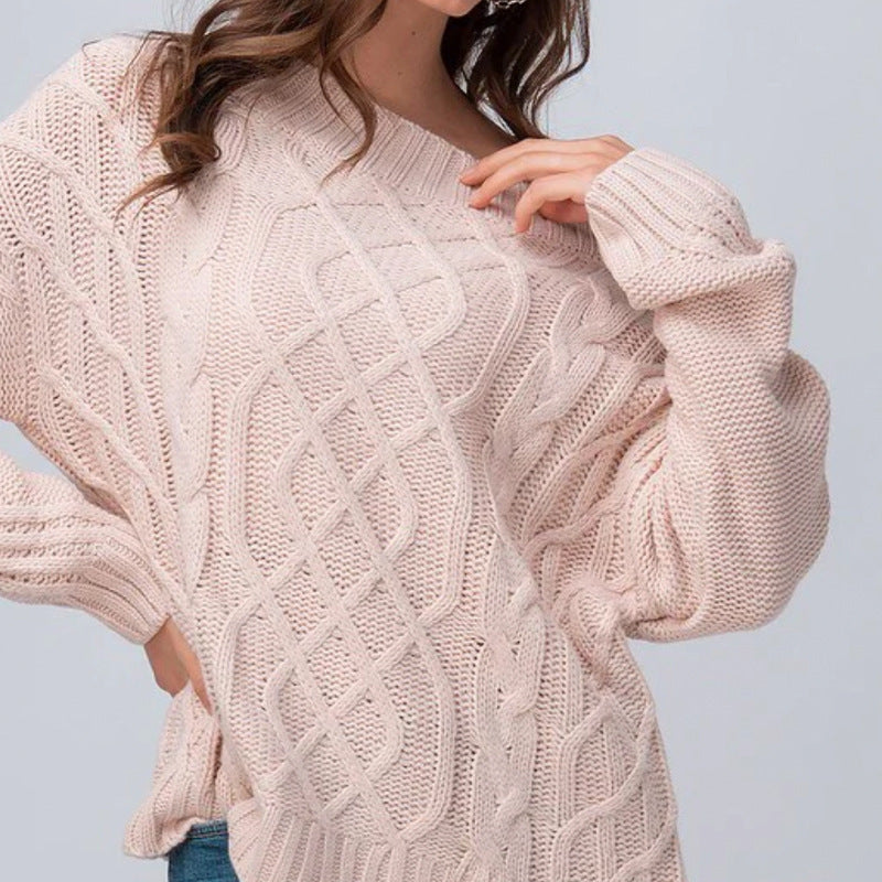 Women's Chunky Knit Sweater with Asymmetrical Neckline and Cable Pattern