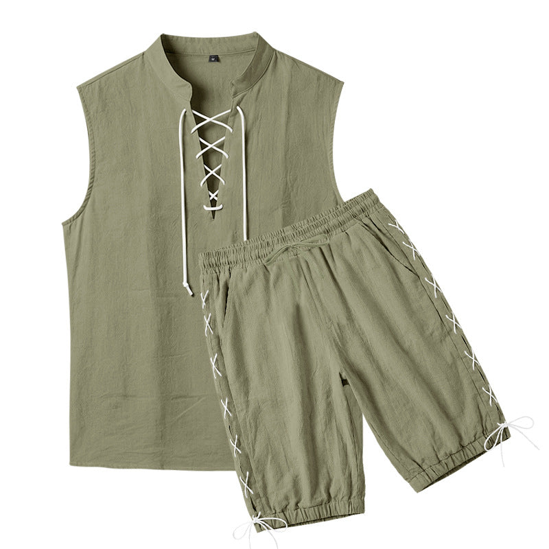 Men's Sleeveless Leisure Set with Lace Collar and Drawstring Bermuda