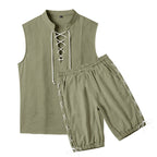 Men's Sleeveless Leisure Set with Lace Collar and Drawstring Bermuda