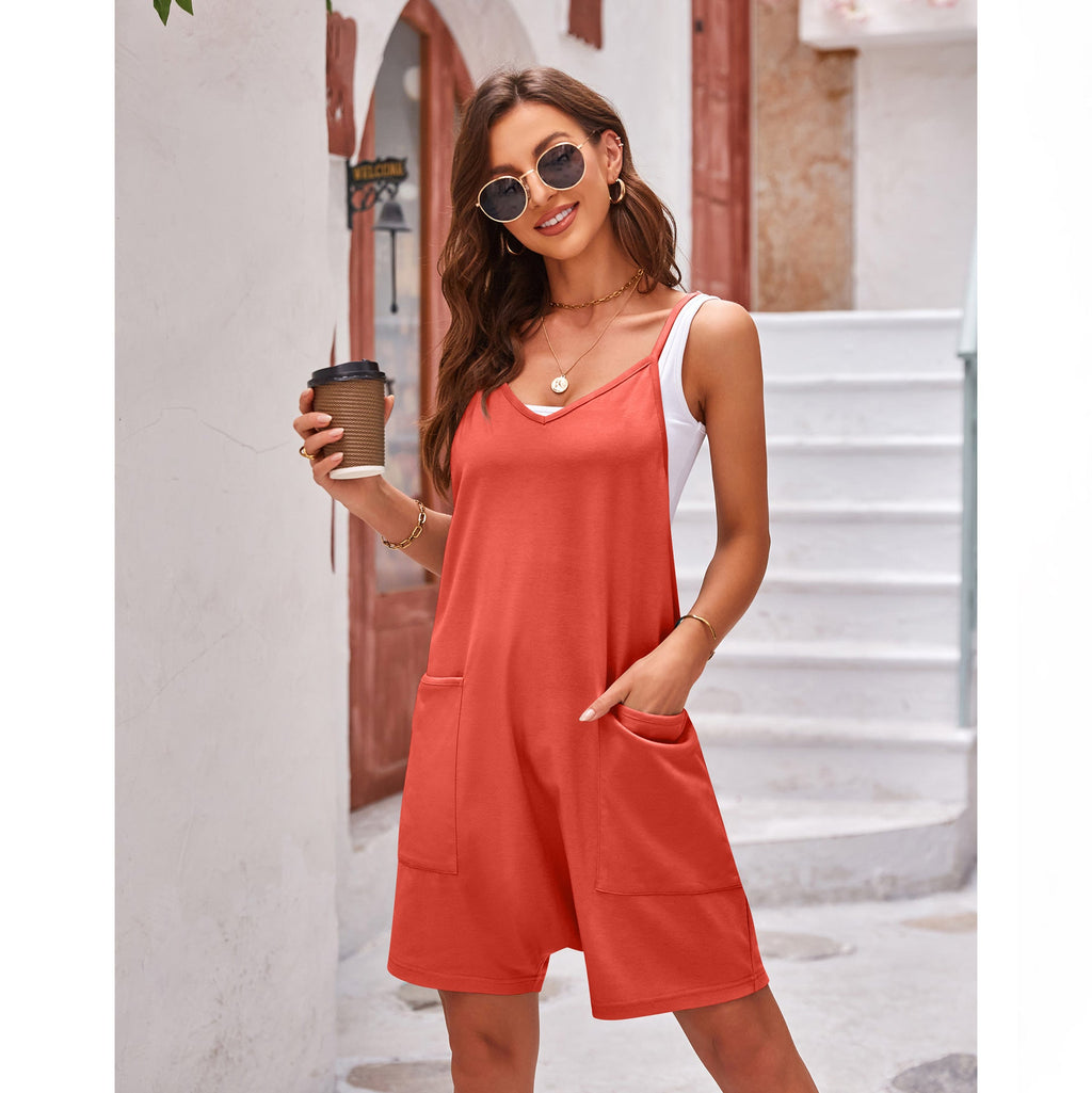 Women's Comfortable Jumpsuit with Deep Neckline and Pockets