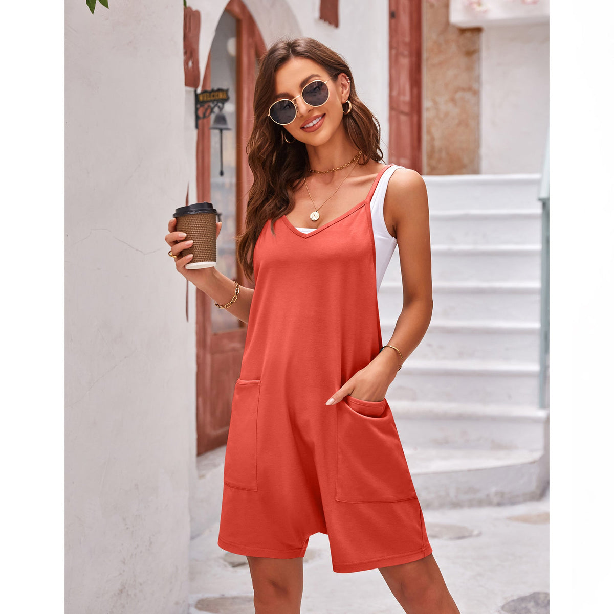 Women's Comfortable Jumpsuit with Deep Neckline and Pockets