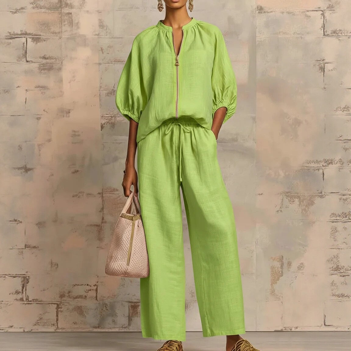 Women's Airy Two-Piece Set with Modern Collar and Zipper