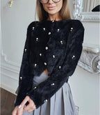 Women's Fluffy Knit Cardigan with Jeweled Buttons and Elegant Cut