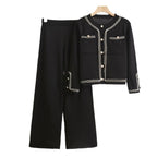 Women's Elegant Two-Piece Set with Textured Blazer and Wide-Leg Trousers