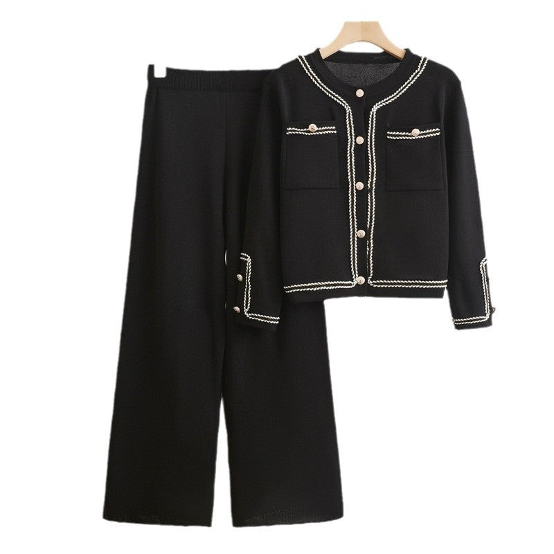 Women's Elegant Two-Piece Set with Textured Blazer and Wide-Leg Trousers
