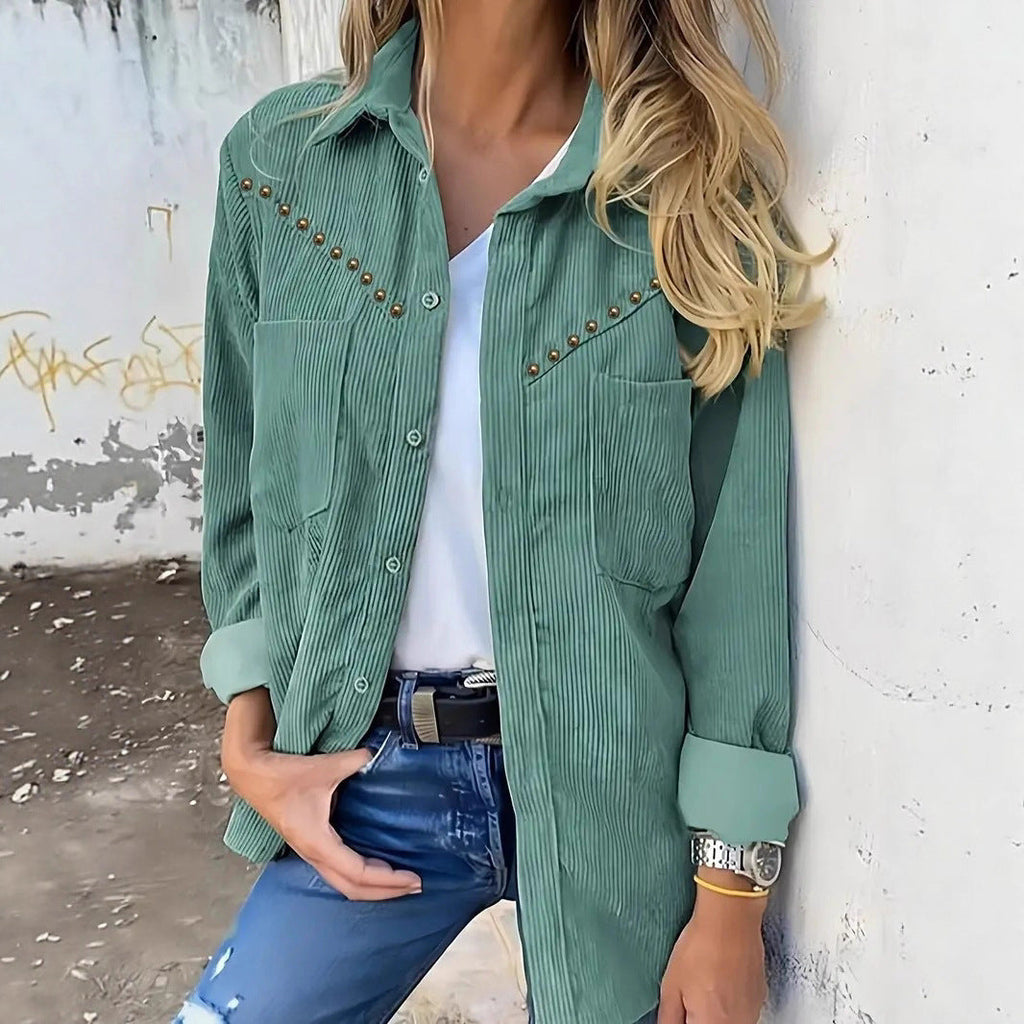 Women's Corduroy Blouse with Elegant Snap Buttons and Practical Pockets