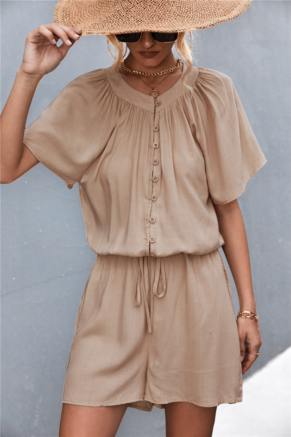 Women's Jumpsuit with Elastic Waist and Button Front