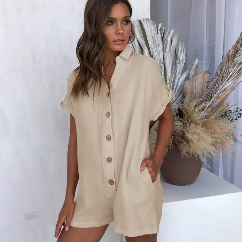 Women's Jumpsuit with Rolled Sleeves and Button Placket