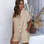 Women's Jumpsuit with Rolled Sleeves and Button Placket