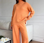 Casual Knit Set with High Collar and Wide Leg