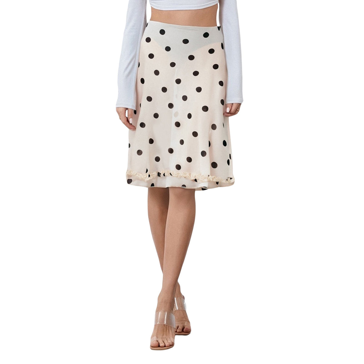 Women's Midi Skirt with Playful Polka Dot Pattern and Ruffle Details