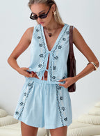 Women's Airy Two-Piece Set with Floral Embroidery