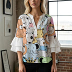 Casual Blouse with Ruffle Sleeves and Botanical Print