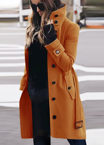 Women's Elegant Trench Coat with High Collar and Practical Pockets