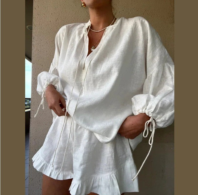 Women's Blouse Set with Elegant Ruffle Hem and Loose Fit