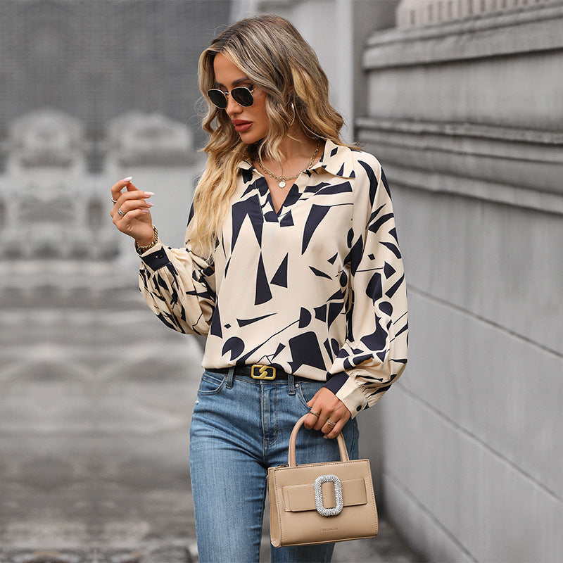 Women's Blouse with Modern Graphic Design and V-Neck