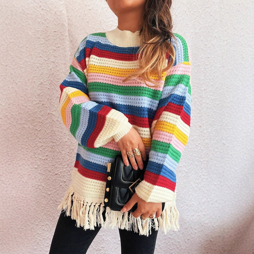 Women's Adorable Sweater with Fringe and Colorful Stripe Pattern