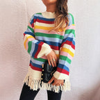 Women's Adorable Sweater with Fringe and Colorful Stripe Pattern