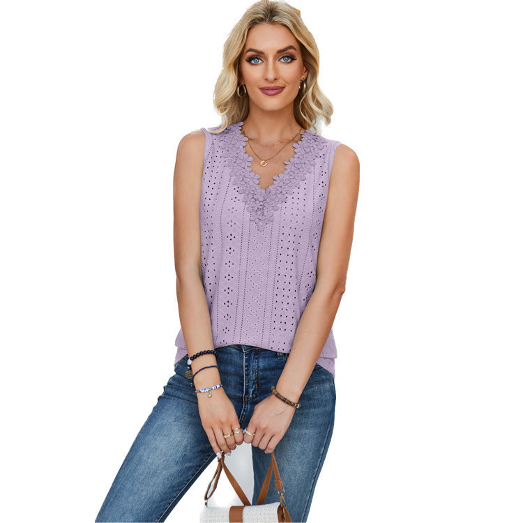 Women's Sleeveless Top with Decorative Eyelet Patterns and Lace Trim