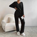 Comfortable Ribbed Knit Set with V-Neck