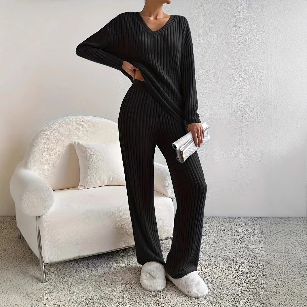 Comfortable Ribbed Knit Set with V-Neck