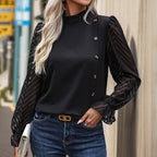 Women's Blouse with Elegant Sheer Sleeves and Button Details