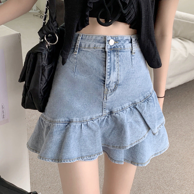 Women's Denim Skirt with Voluminous Ruffled Hem and Button Waist