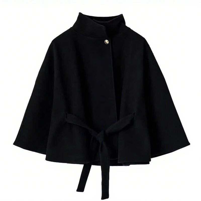 Elegant Cape Jacket with Tie Belt and High Collar