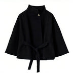 Elegant Cape Jacket with Tie Belt and High Collar