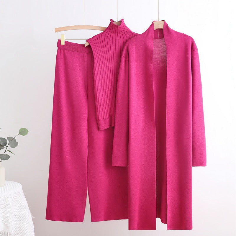 Women's Cozy Knit Loungewear Set with Long Cardigan and Ribbed Shirt