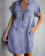 Women's Chambray Dress with Zipper and Pockets