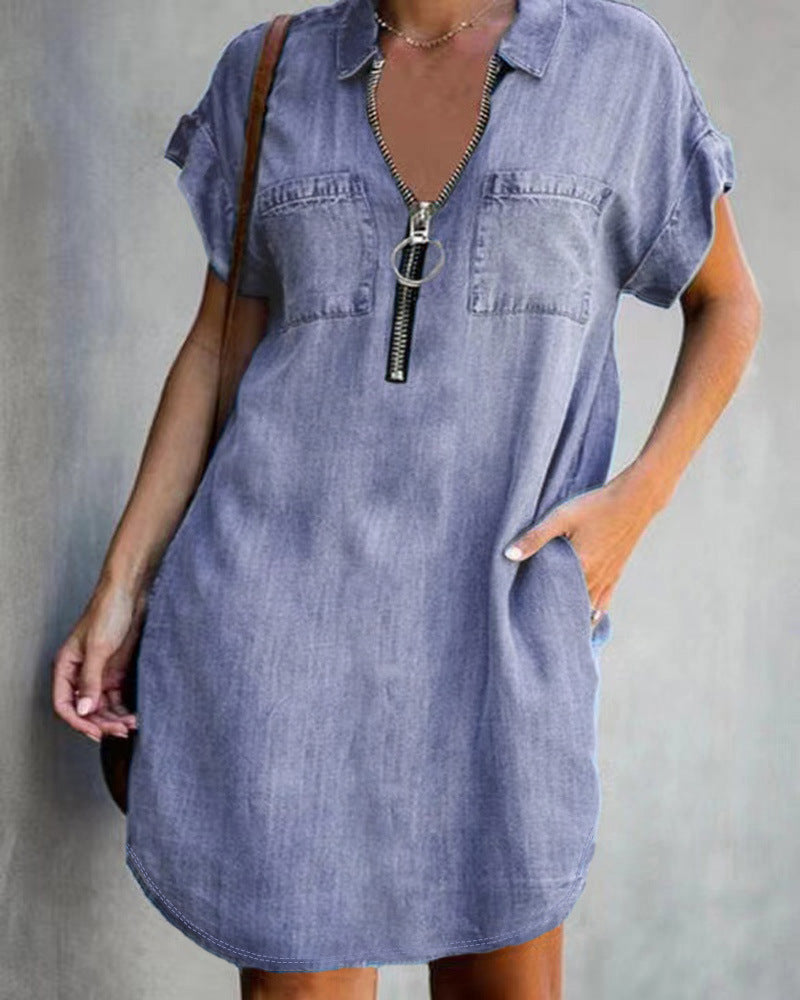 Women's Chambray Dress with Zipper and Pockets