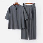 Men's Two-Piece Lightweight Leisure Set with Stand Collar and Elastic Waist Pants