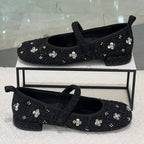 Women's Ballet Flats with Floral Glitter Design and Adjustable Strap