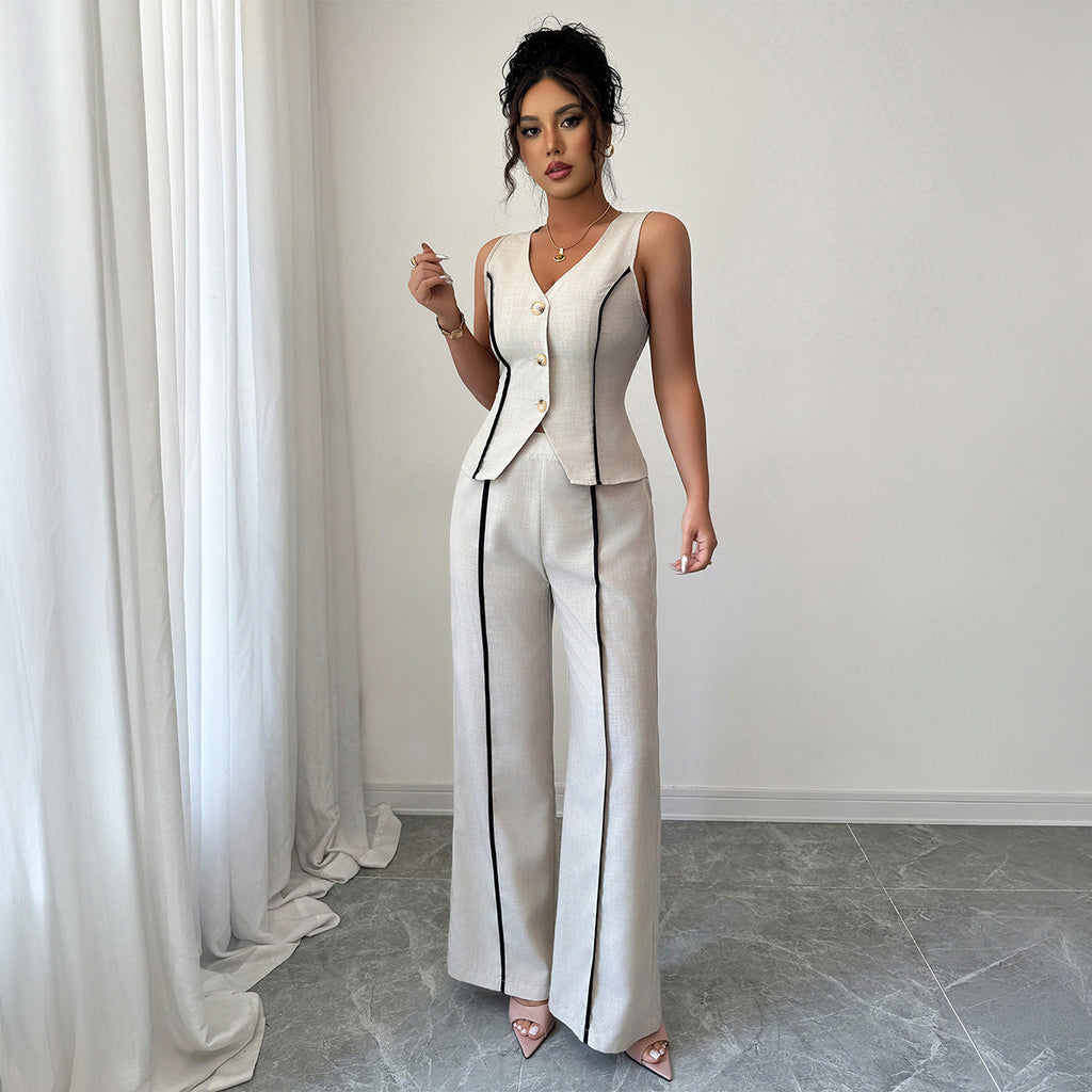 Women's Elegant Pants Suit with Fitted Top and Button Details