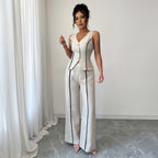 Women's Elegant Pants Suit with Fitted Top and Button Details
