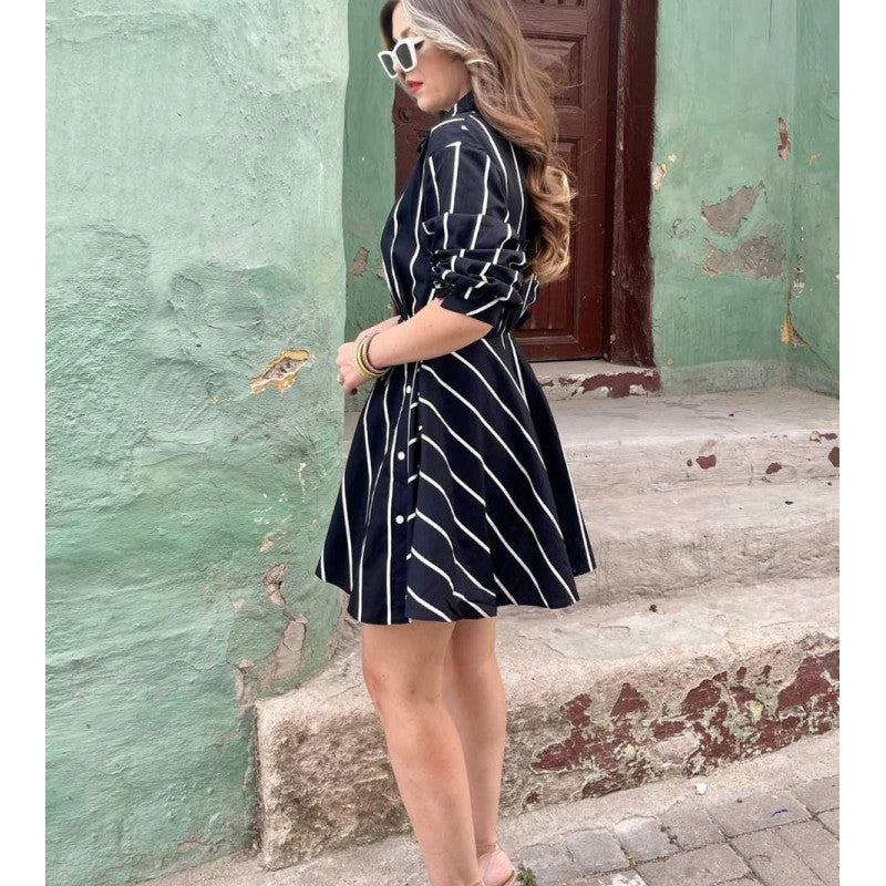 Casual Striped Shirt Dress with Asymmetrical Hem