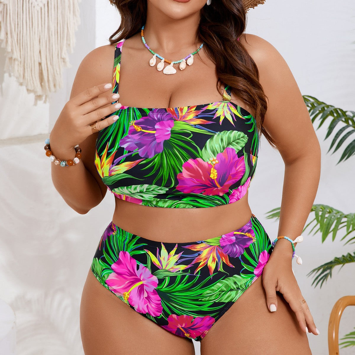 Women's Bandeau Bikini with Floral and Animal Print