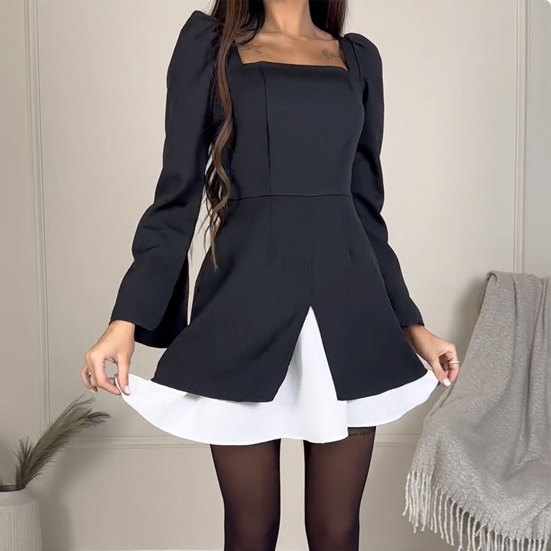 Women's Cocktail Dress with Puff Sleeves and Asymmetric Cut