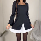 Women's Cocktail Dress with Puff Sleeves and Asymmetric Cut