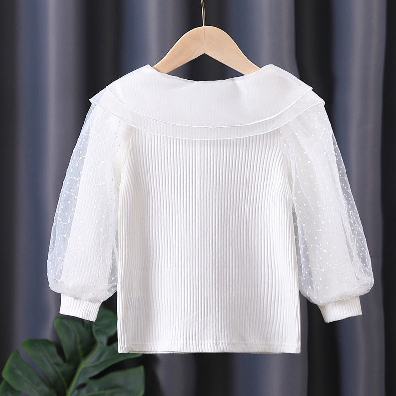 Elegant Women's Blouse with Puff Sleeves and Lace Collar