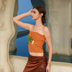 Women's Cropped Knit Top with Tropical Motif