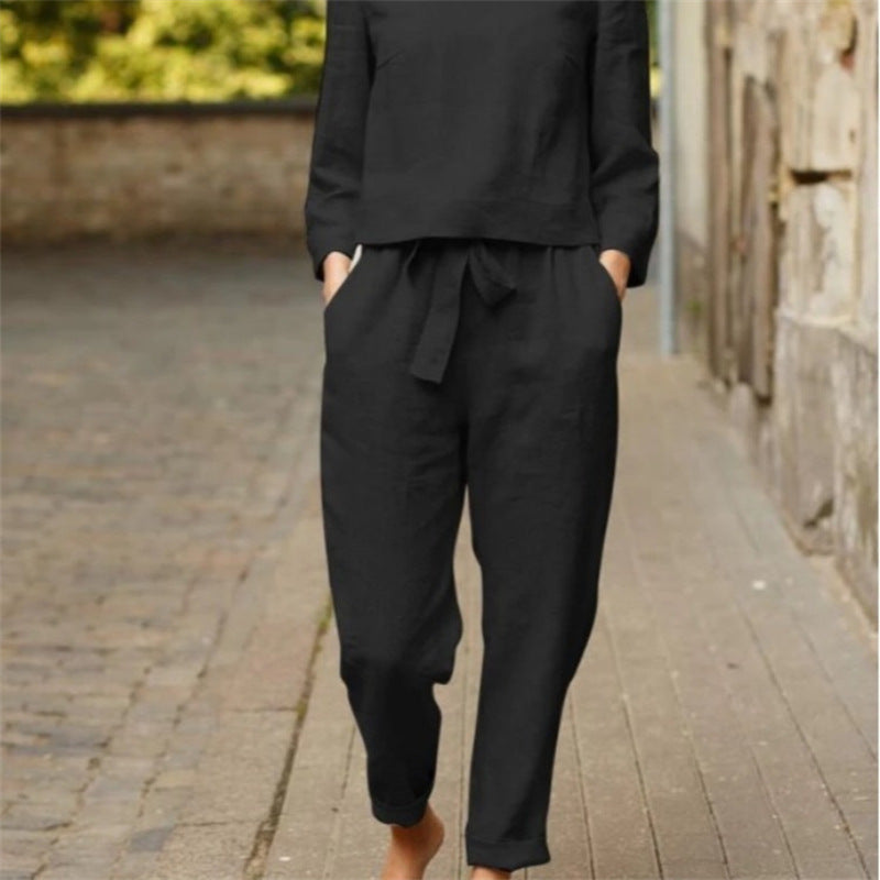 Women's Casual Two-Piece Linen Outfit with Wide Waistband