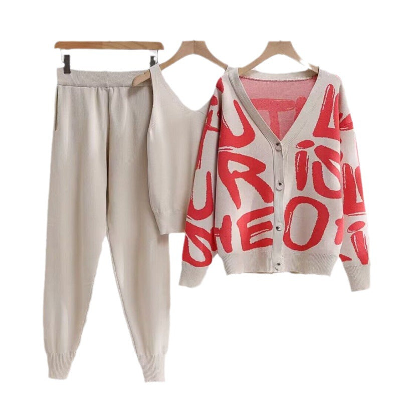 Women's Cozy Knit Loungewear Set with Decorative Lettering