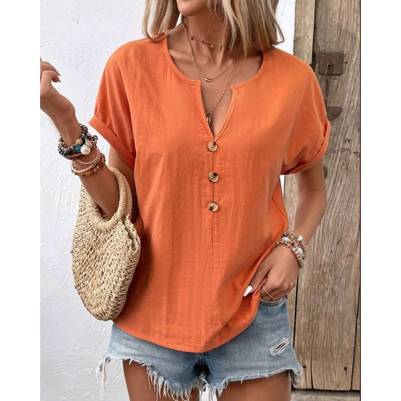Women's Casual Button-Down Blouse with Round Neck