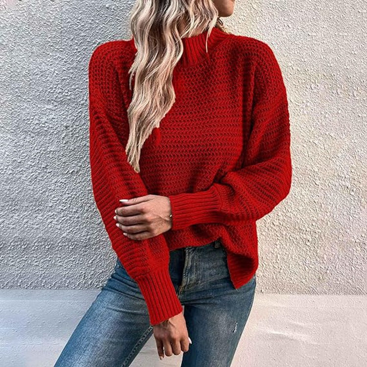 Women's Chunky Knit Sweater with High Collar and Balloon Sleeves
