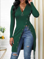 Women's Form-Fitting Wrap Shirt with Button Details and Deep V-Neck
