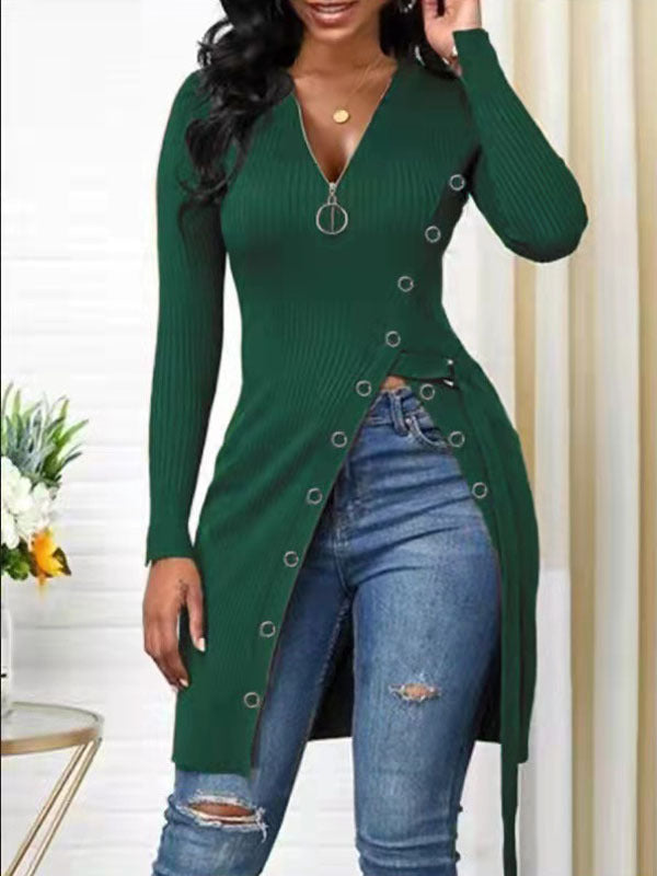 Women's Form-Fitting Wrap Shirt with Button Details and Deep V-Neck