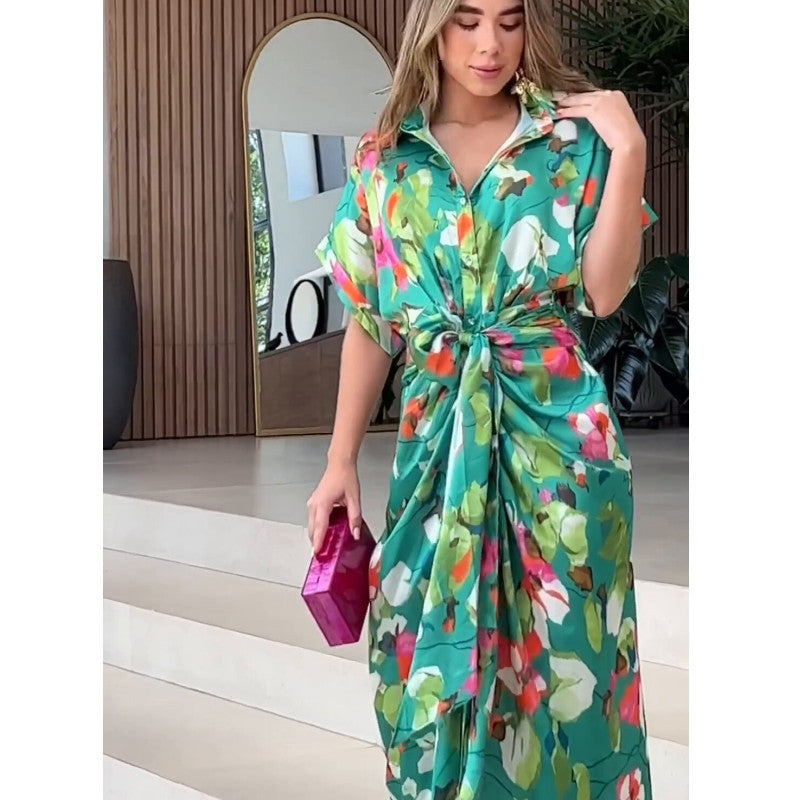Women's Airy Caftan with Floral Design and Decorative Knot