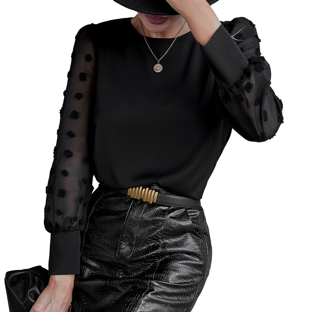 Women's Blouse with Sheer Puff Sleeves and Decorative Detail
